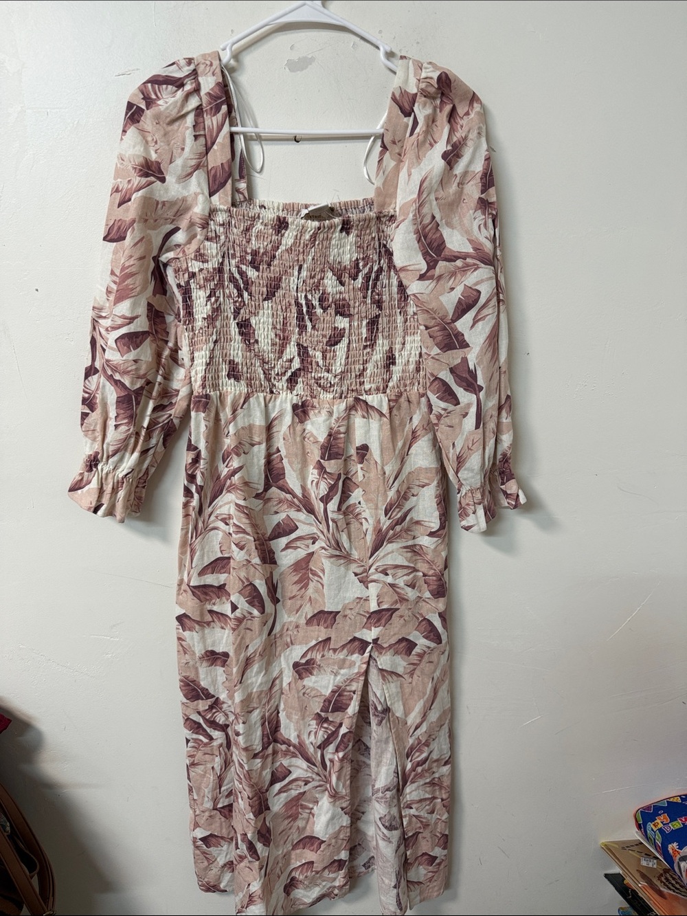 House of Harlow 1960 Dusty Rose and Cream Smocked Midi Dress